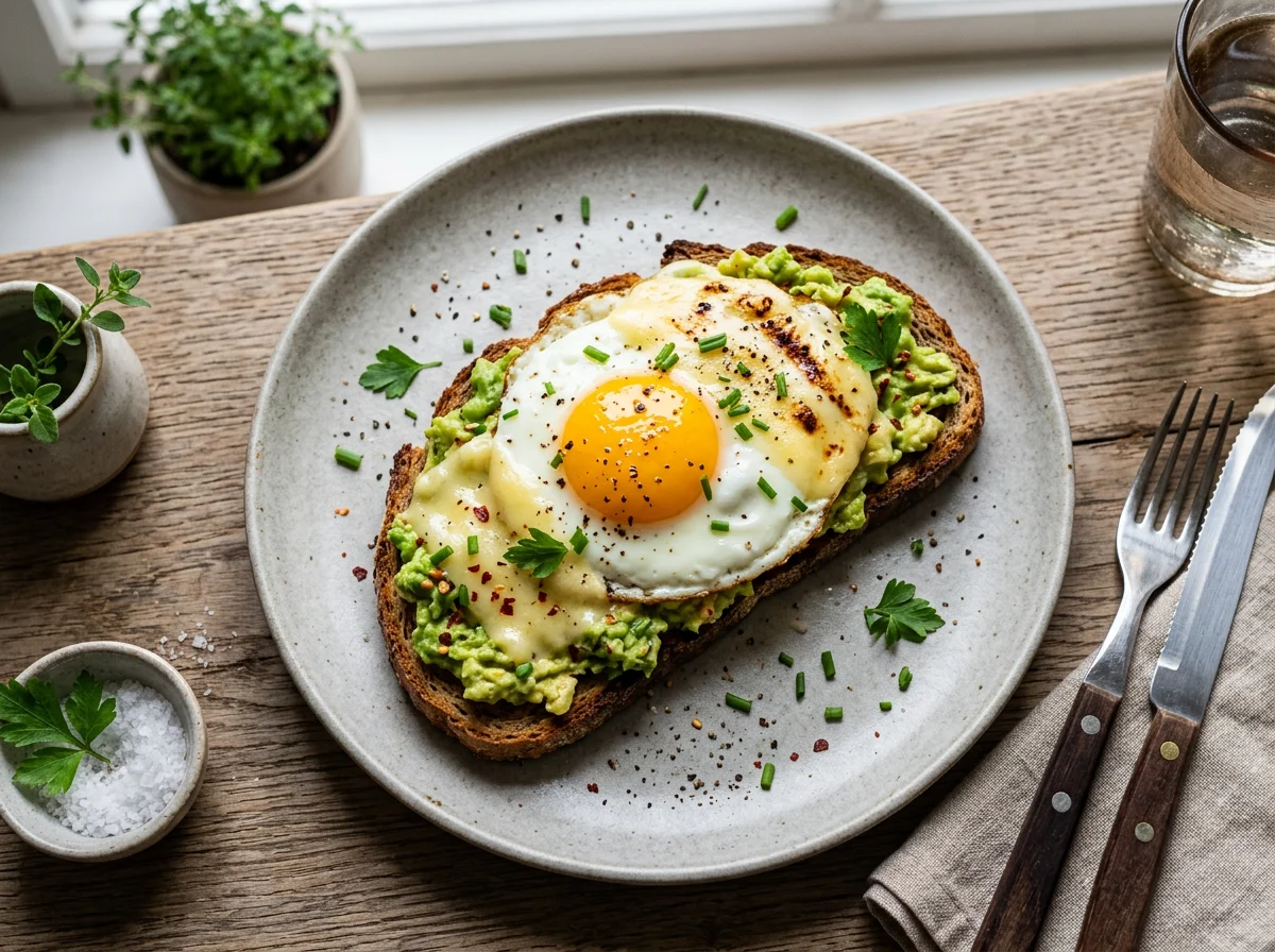 Avocado-Toast mit Spiegelei und Käse photo