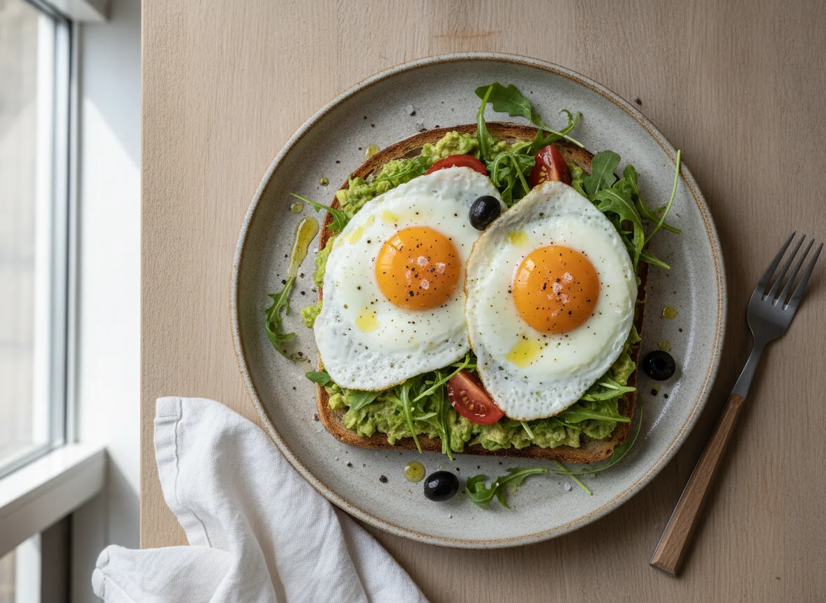 Avocado-Toast mit Spiegelei und Rucola photo