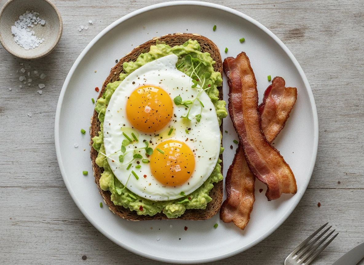 Avocado-Toast mit Spiegelei und Speck photo