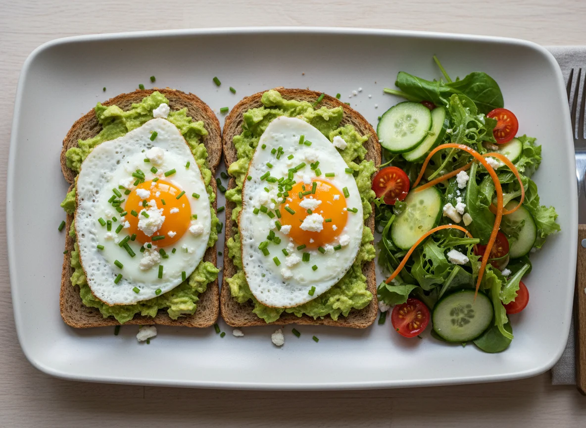 Avocado-Toast mit Spiegeleiern und Beilagensalat photo