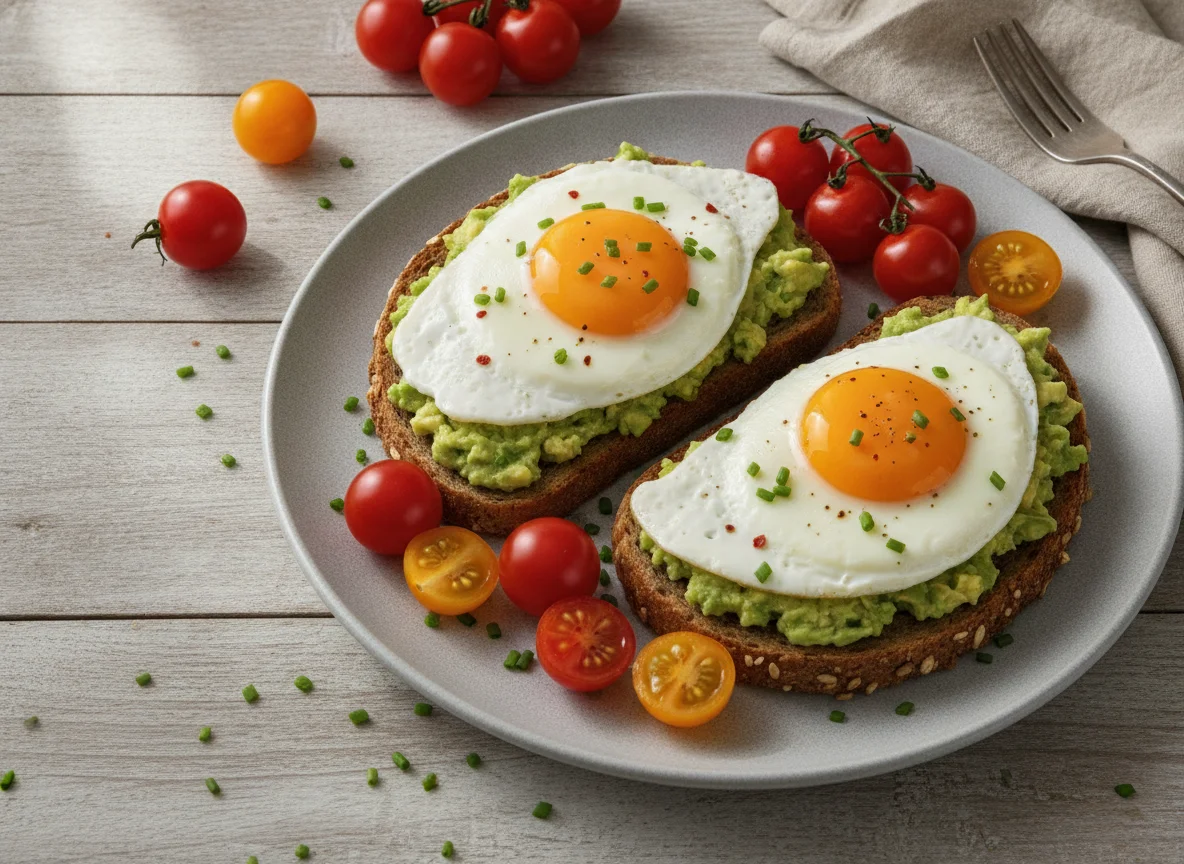 Avocado-Toast mit Spiegeleiern und Kirschtomaten photo