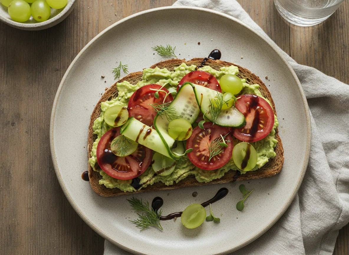 Avocado-Toast mit Tomaten, Gurken und Trauben photo