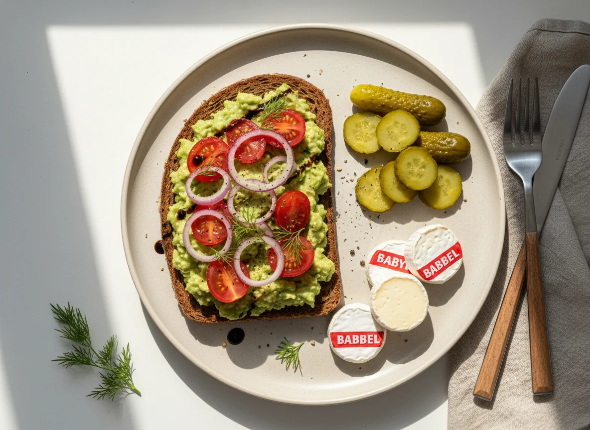 Avocado-Toast mit Tomatensalat, Gewürzgurken und Babybel photo