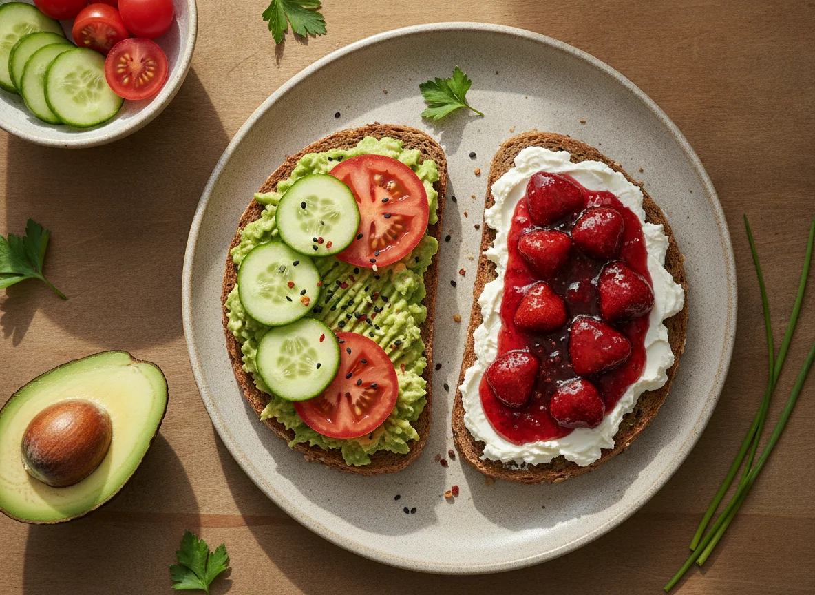 Avocado-Toast und Brot mit Frischkäse und Marmelade mit Beilagen photo