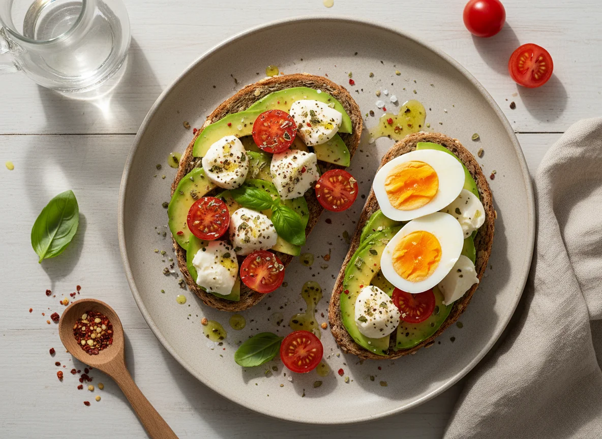 Avocado-Tomaten-Mozzarella-Brot mit gekochten Eiern photo