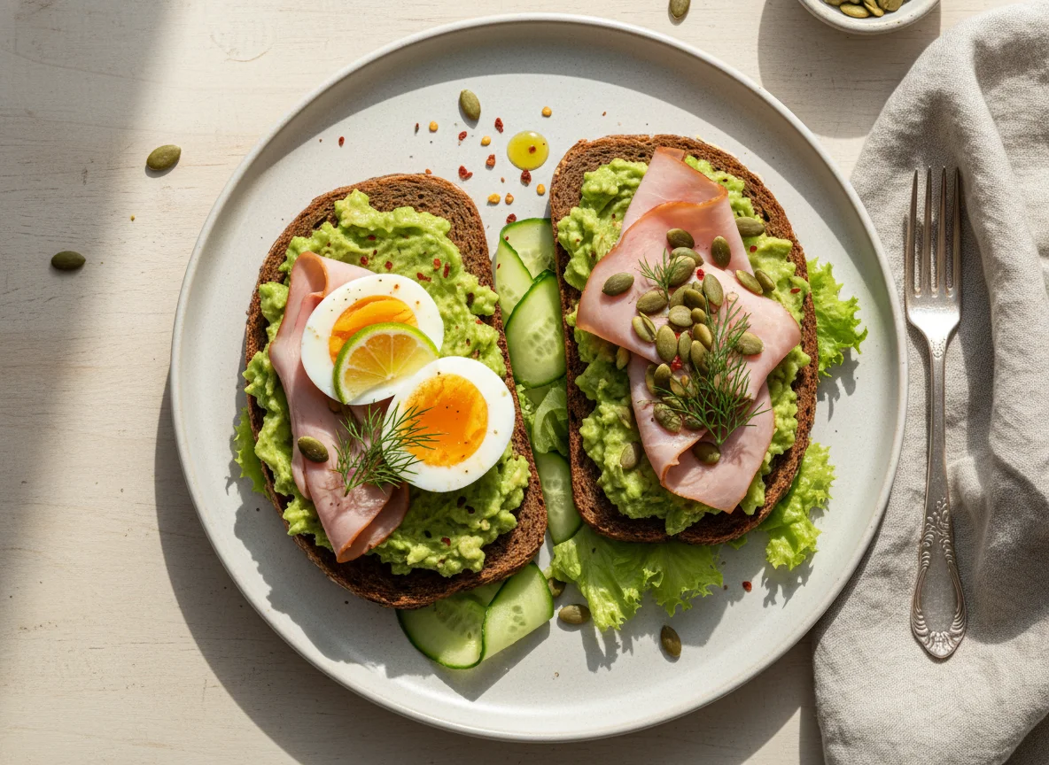 Avocado-Vollkornbrot mit Ei, Schinken und Kürbiskernen photo