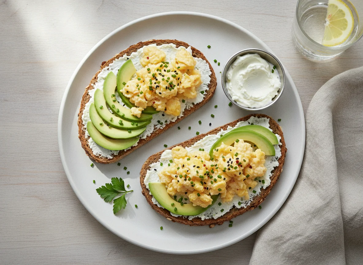Avocado-Vollkornbrot mit Rührei photo