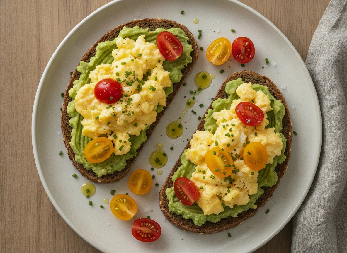 Avocado-Vollkornbrot mit Rührei und Tomaten photo