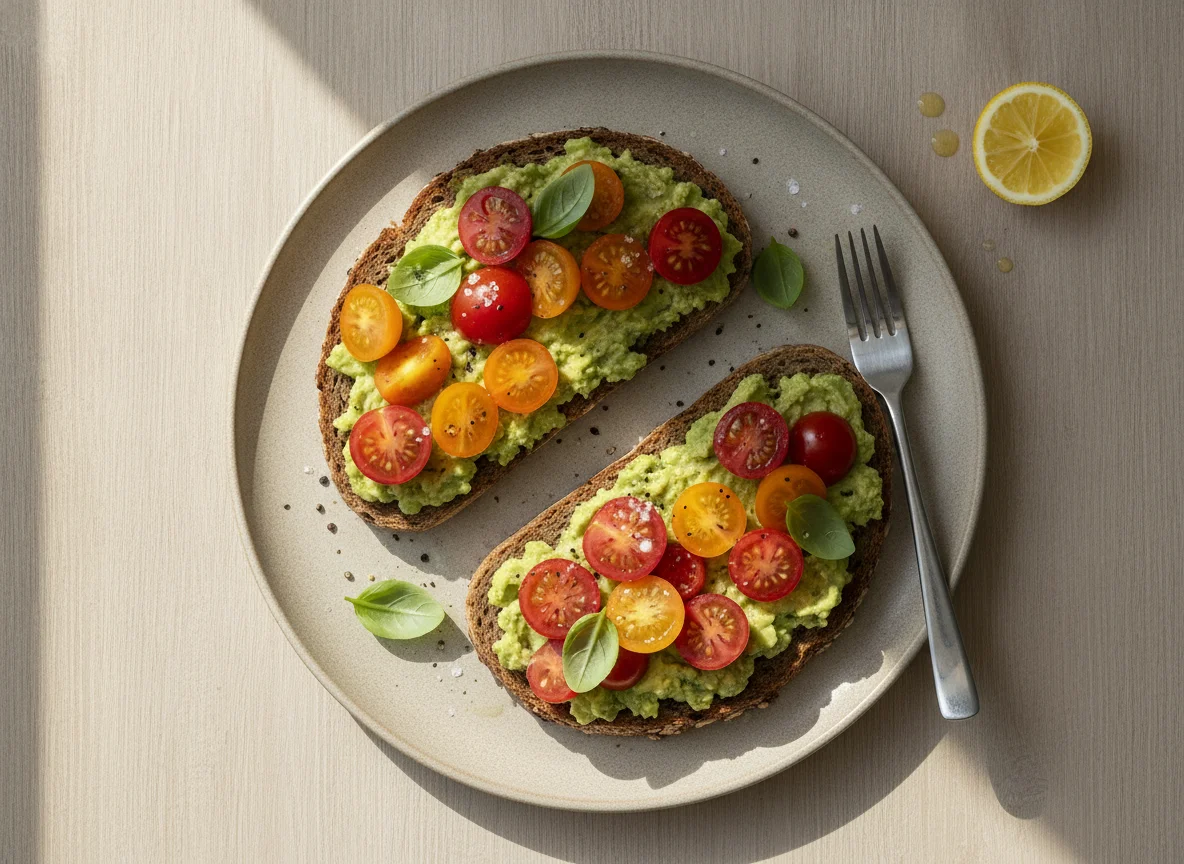 Avocado-Vollkornbrot mit Tomaten photo