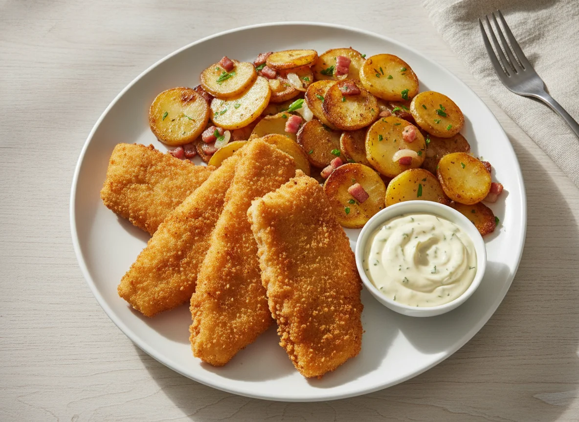 Backfisch mit Bratkartoffeln und Remoulade photo
