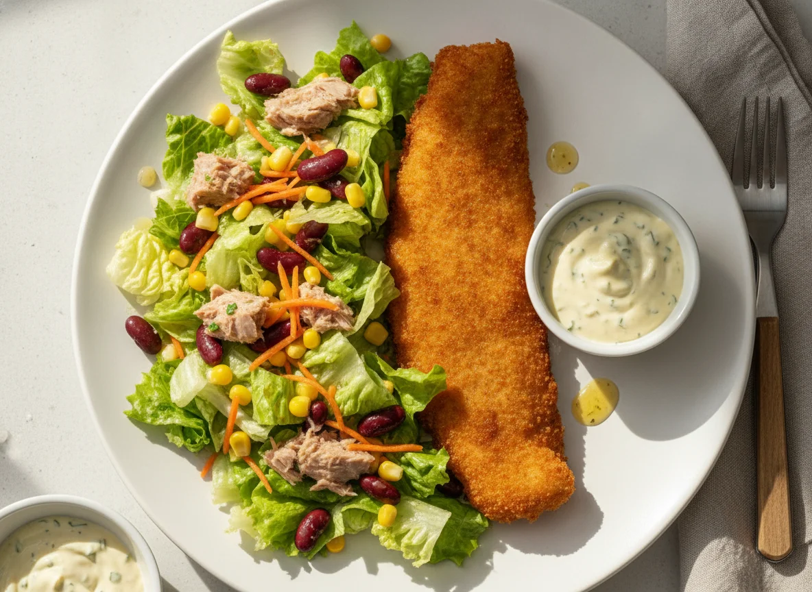 Backfisch mit gemischtem Salat und Remoulade photo