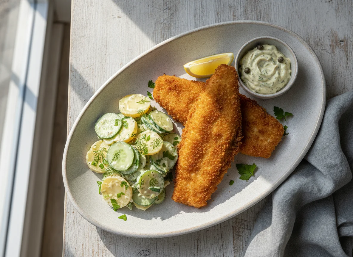 Backfisch mit Kartoffel-Gurken-Salat und Remoulade photo