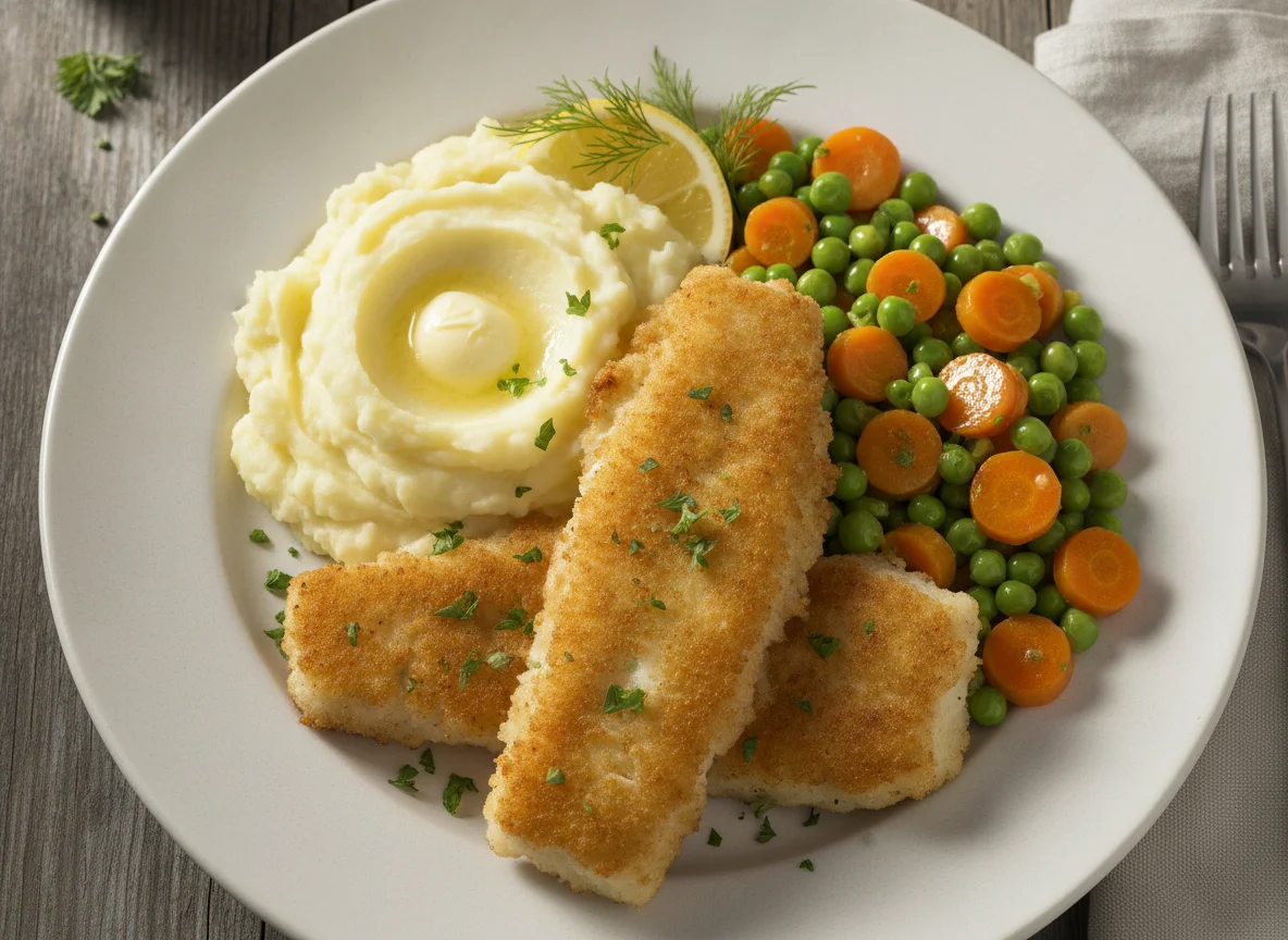 Backfisch mit Kartoffelpüree und Erbsen-Möhren-Gemüse photo