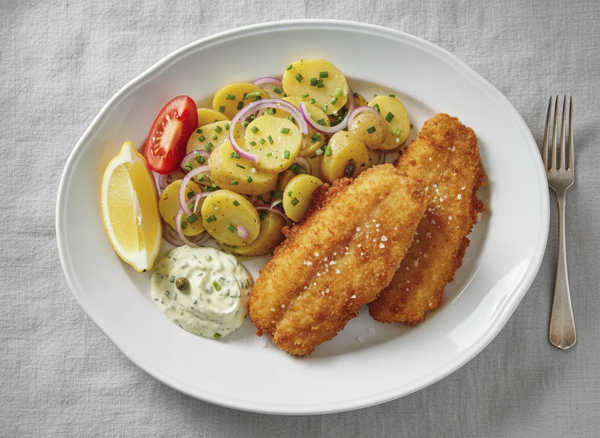Backfisch mit Kartoffelsalat und Remoulade photo