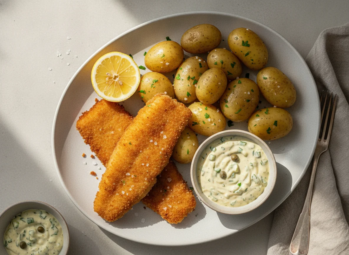 Backfisch mit Salzkartoffeln und Remoulade photo