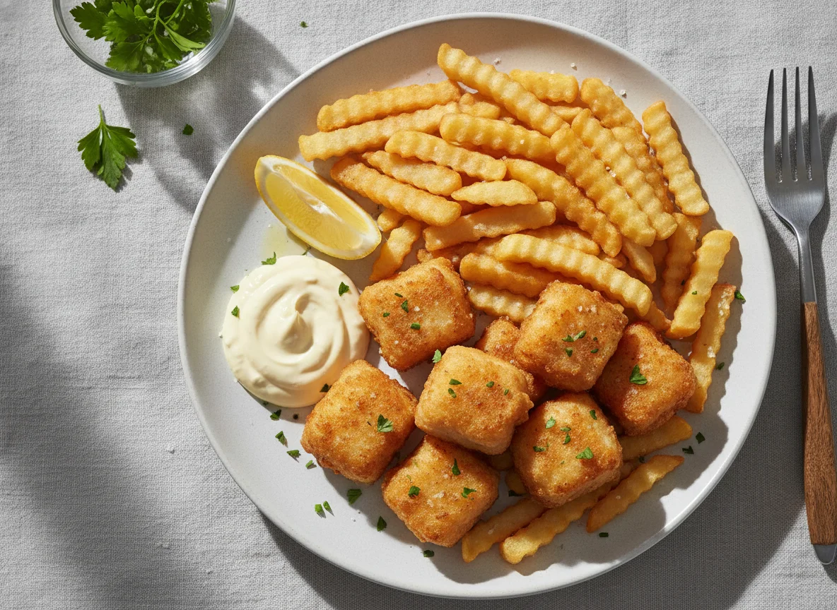 Backfisch-Happen mit Pommes und Remoulade photo