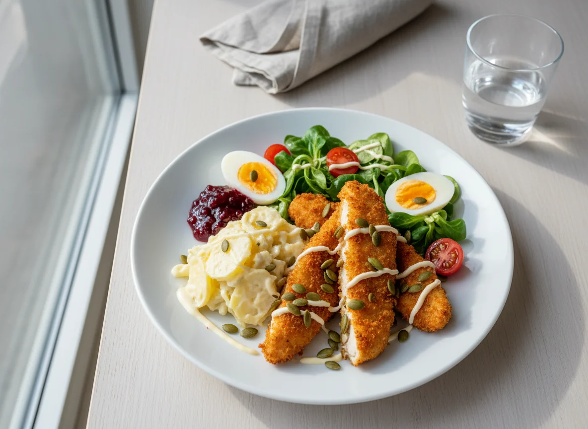Backhendlsalat mit Kartoffelsalat und Preiselbeeren photo