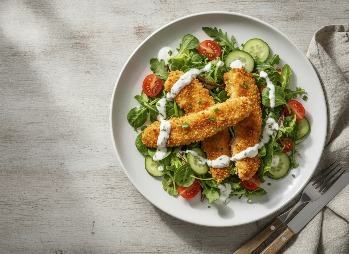 Backhendlstreifen auf Blattsalat photo