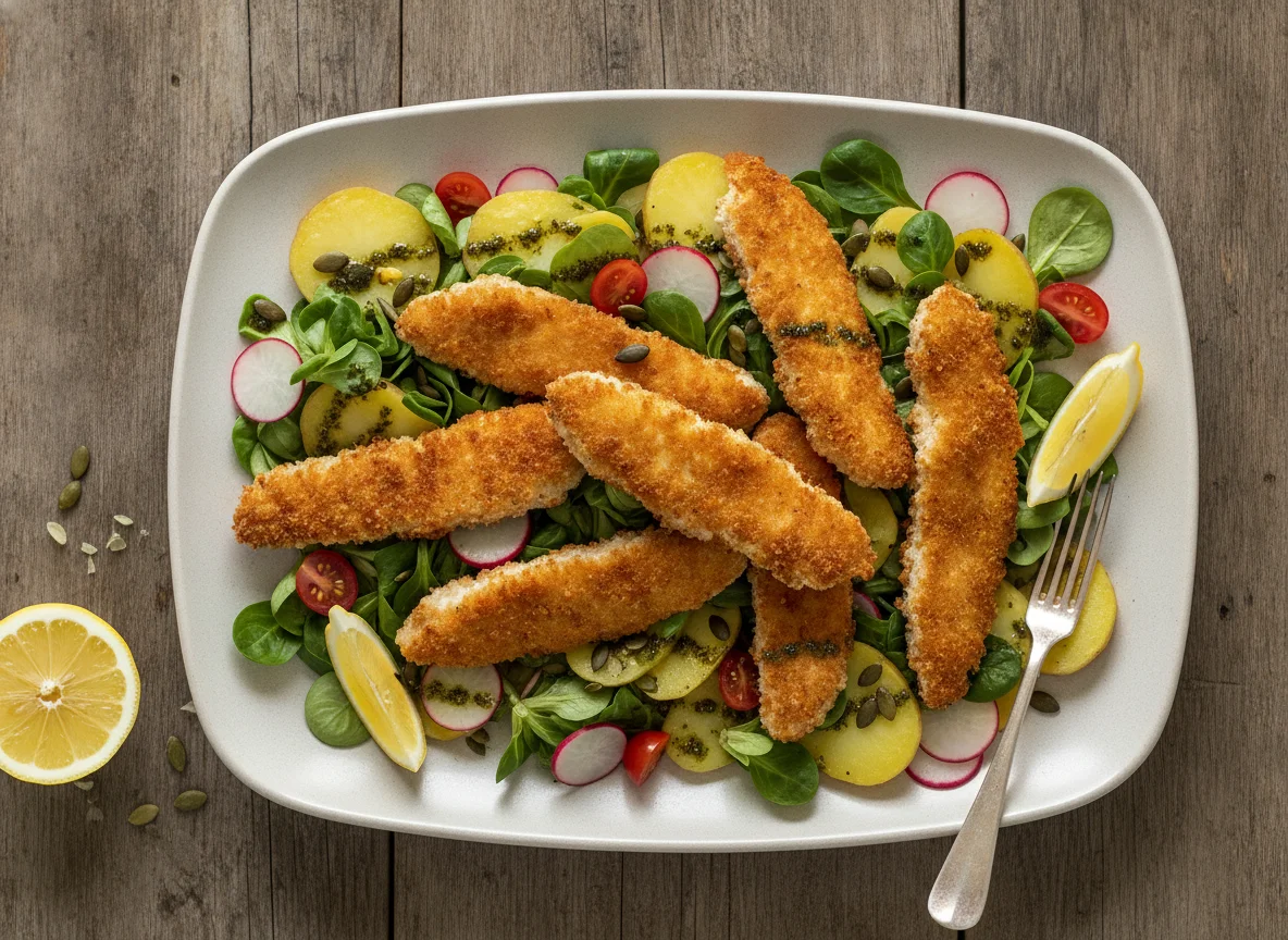 Backhendlstreifen auf Erdäpfel-Vogerlsalat photo