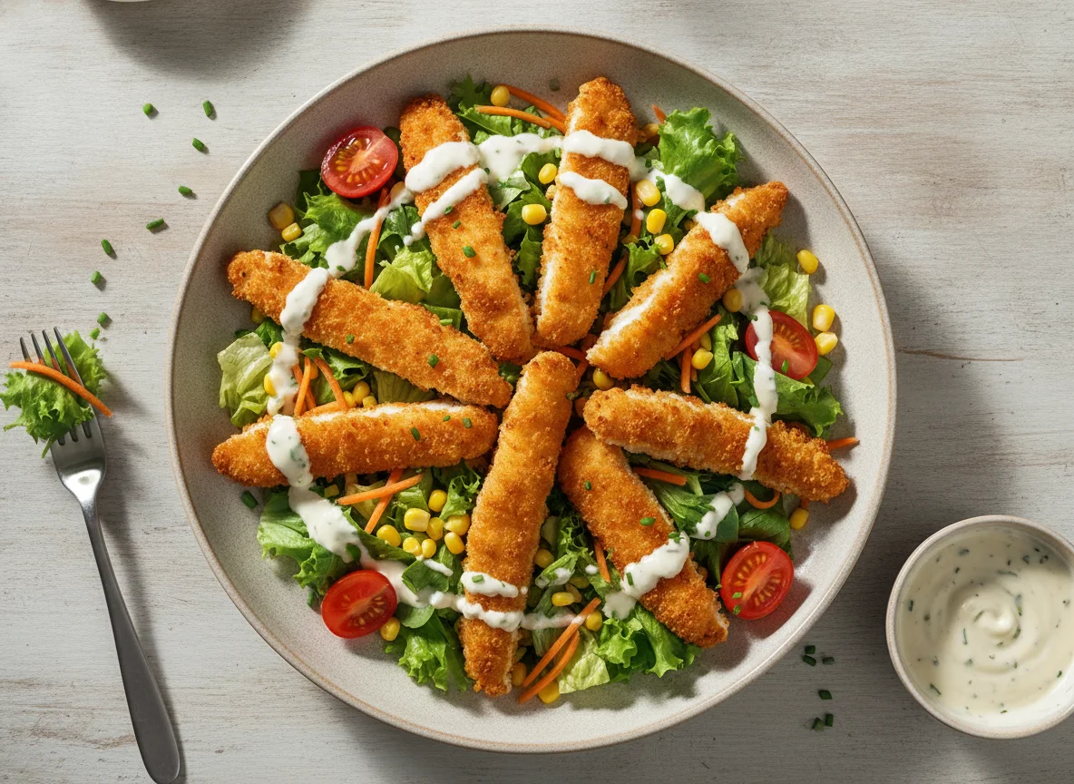 Backhendlstreifen auf gemischtem Salat photo
