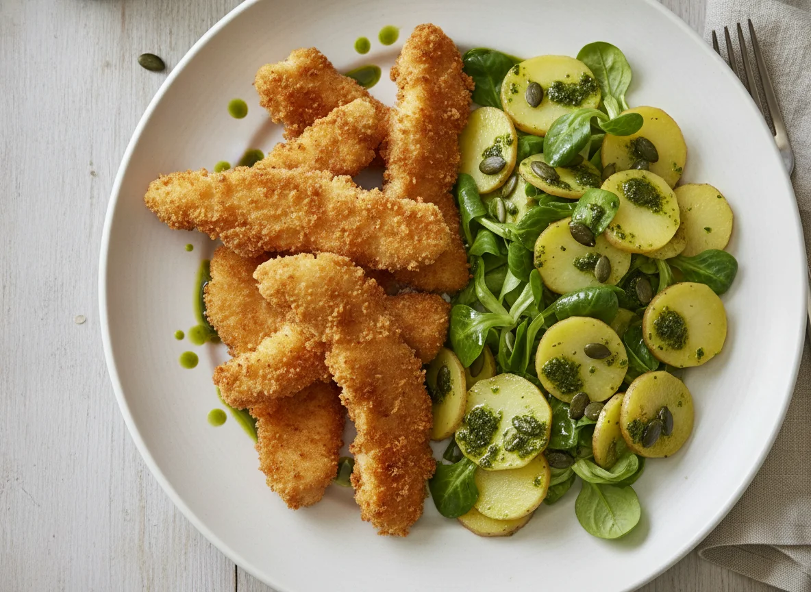 Backhendlstreifen mit Erdäpfel-Vogerlsalat photo