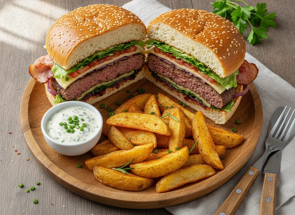 Bacon Burger mit Kartoffelspalten und Dip photo