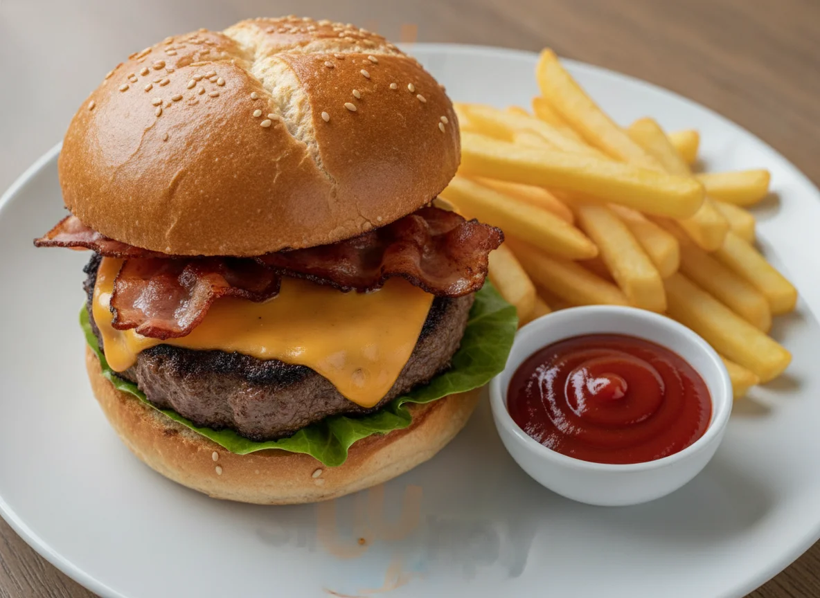 Bacon Burger mit Pommes Frites photo