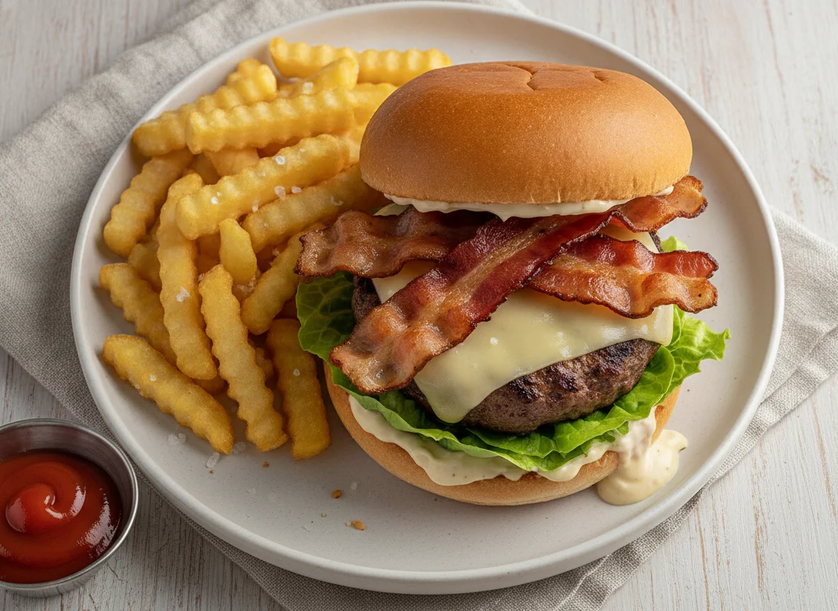 Bacon Burger mit Pommes photo