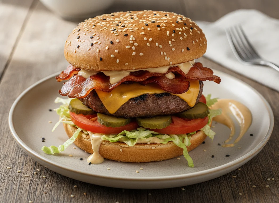Bacon Burger mit Sesambrötchen photo