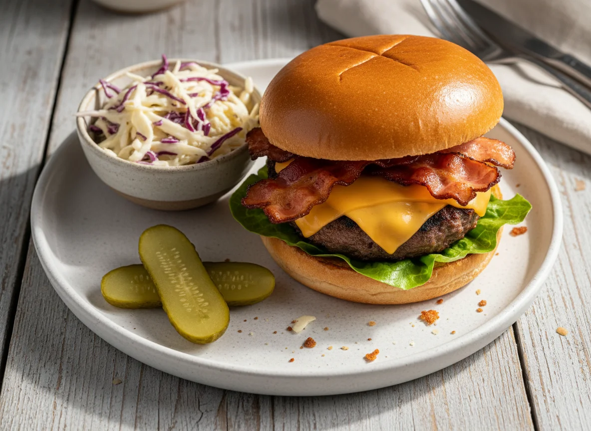 Bacon Cheeseburger mit Krautsalat und Essiggurke photo
