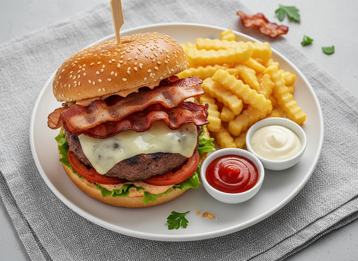 Bacon Cheeseburger mit Pommes photo