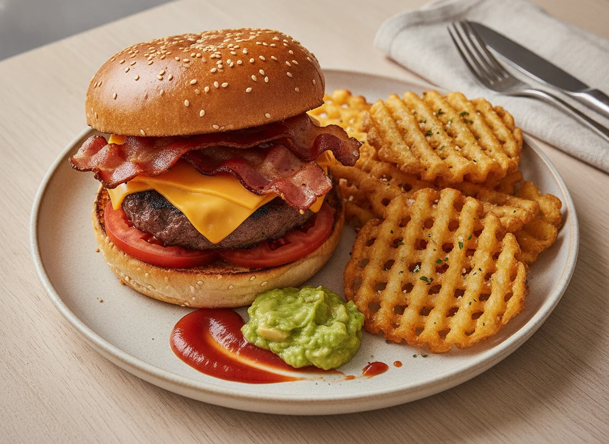 Bacon-Käse-Burger mit Gitterpommes photo