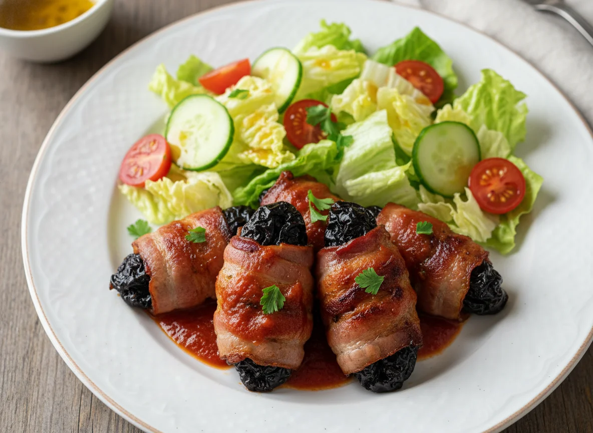 Bacon-Pflaumen und Beilagensalat photo