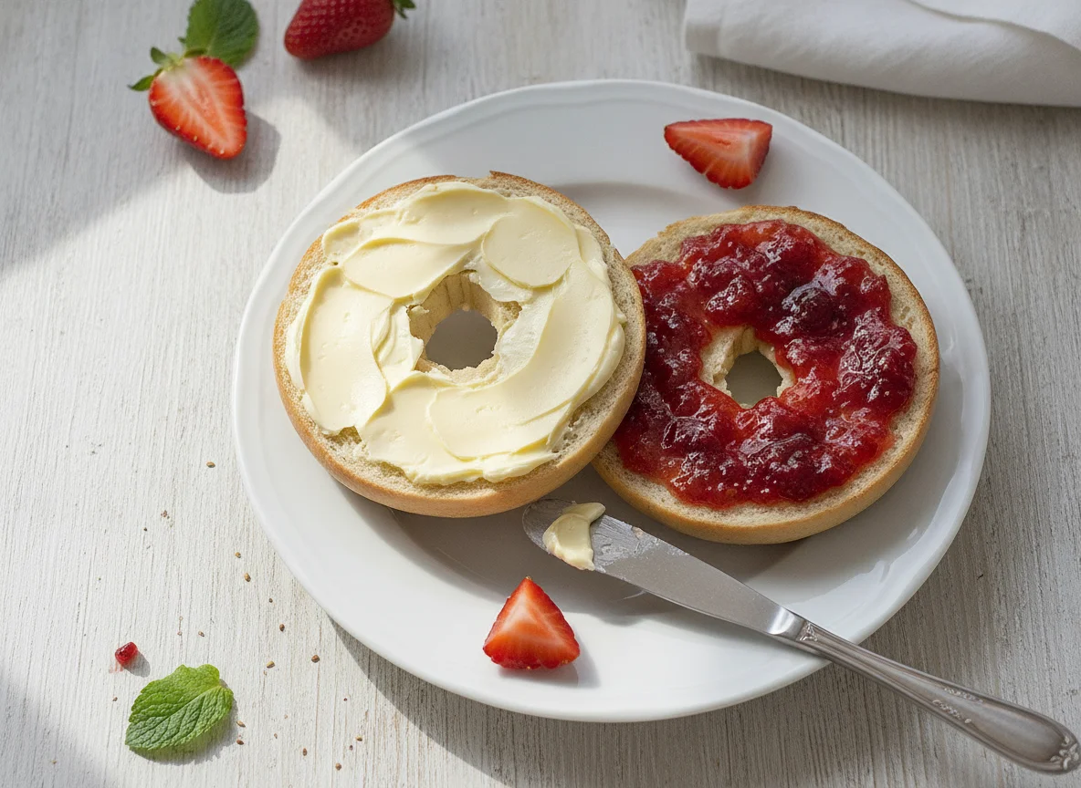 Bagel mit Butter und Erdbeermarmelade photo