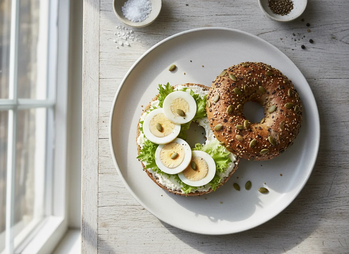 Bagel mit Ei und Salat photo