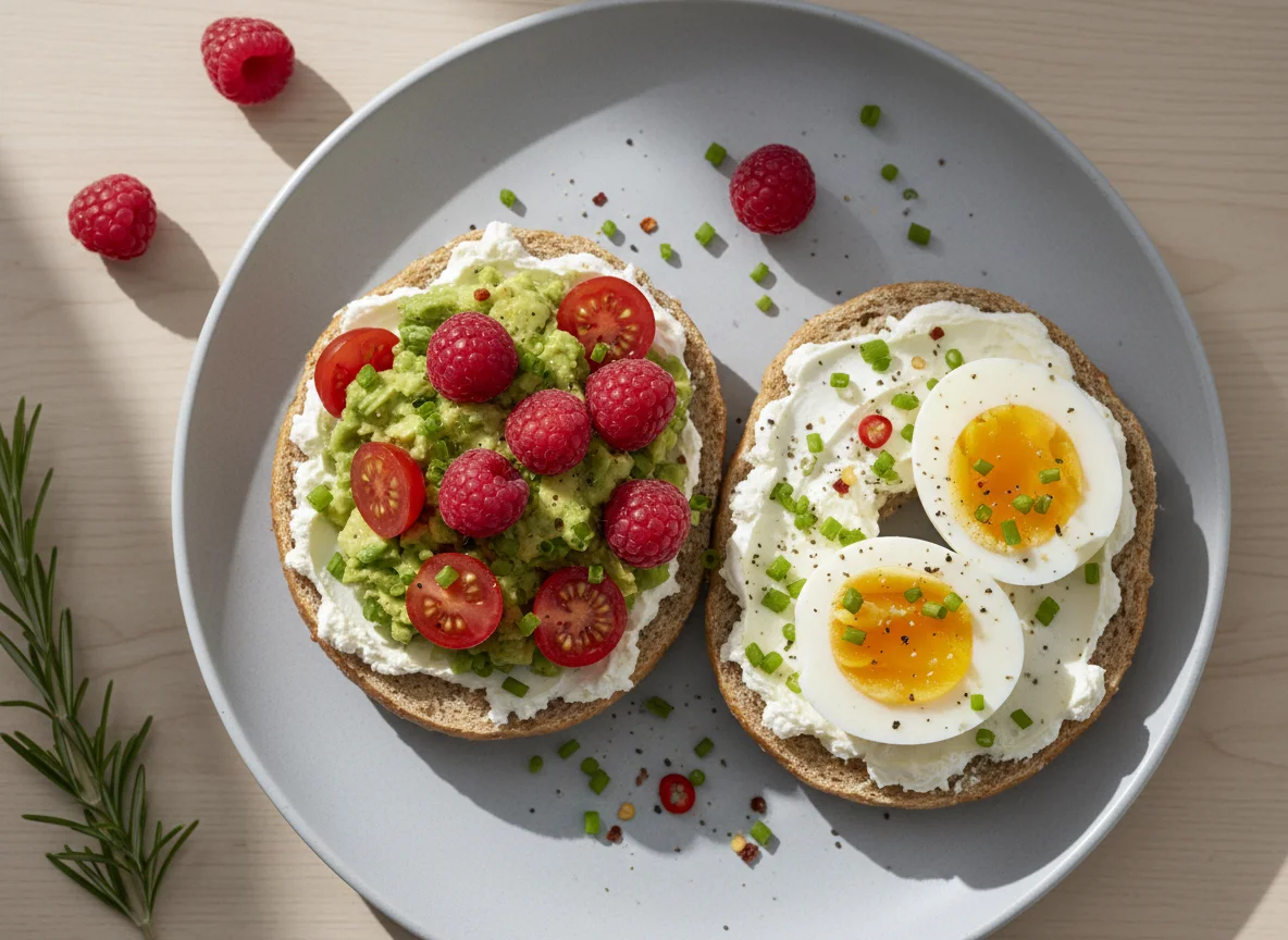 Bagel mit Frischkäse, Avocado, Tomaten, Himbeeren und Eiern photo