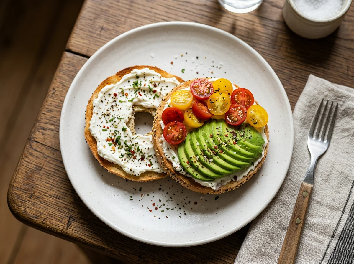Bagel mit Frischkäse, Avocado und Tomaten photo