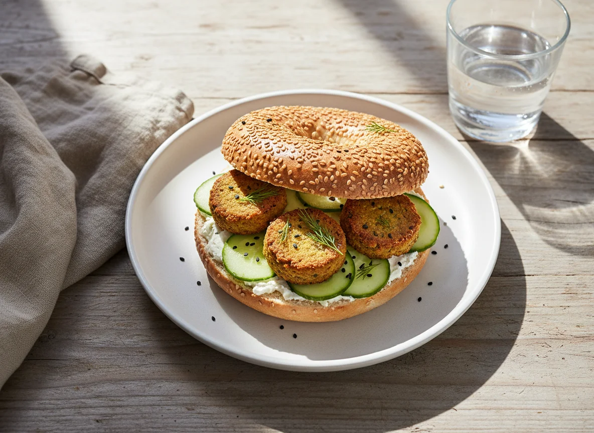 Bagel mit Frischkäse, Falafel und Gurke photo