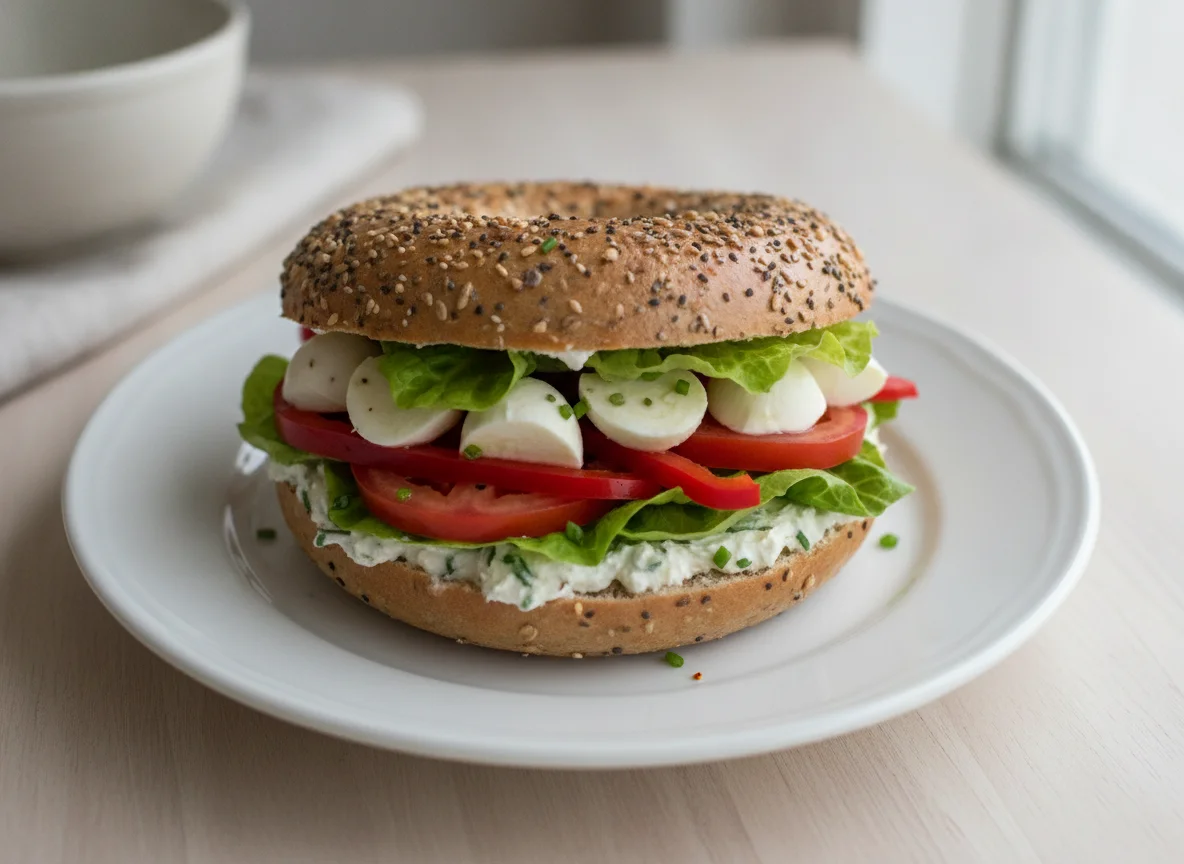 Bagel mit Frischkäse, Tomate, Salat, Mozzarella und Paprika photo