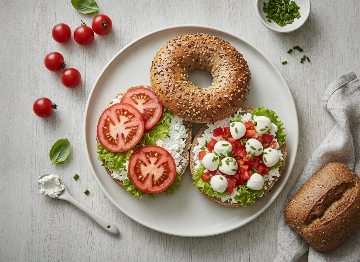 Bagel mit Frischkäse, Tomate, Salat und Beilagen photo