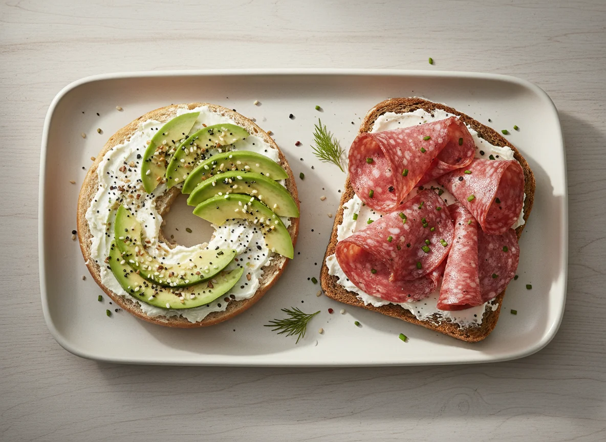 Bagel mit Frischkäse und Avocado, Brot mit Frischkäse und Salami photo