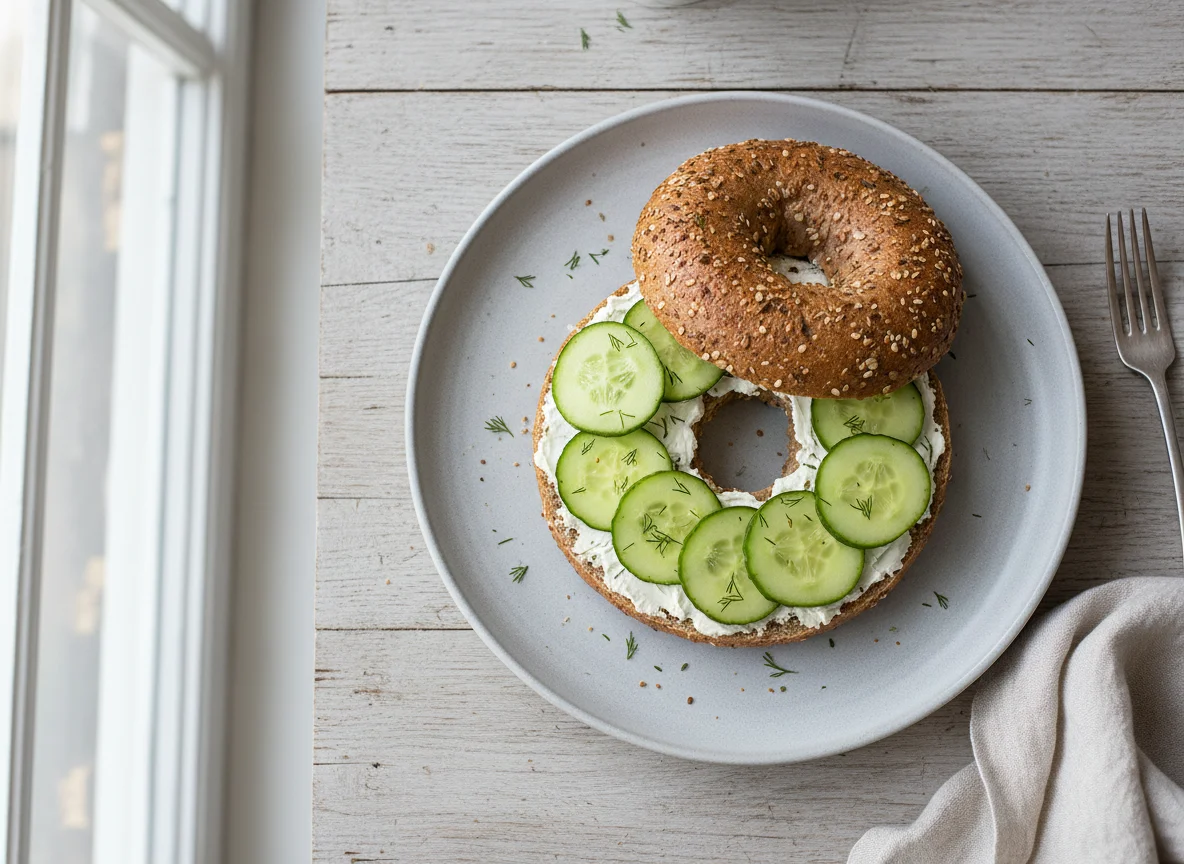 Bagel mit Frischkäse und Gurke photo