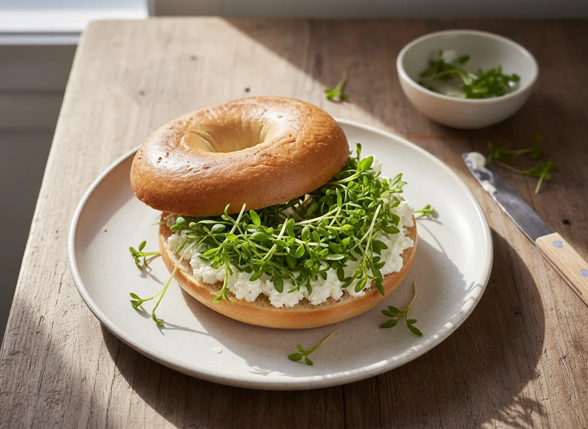 Bagel mit Frischkäse und Kresse photo