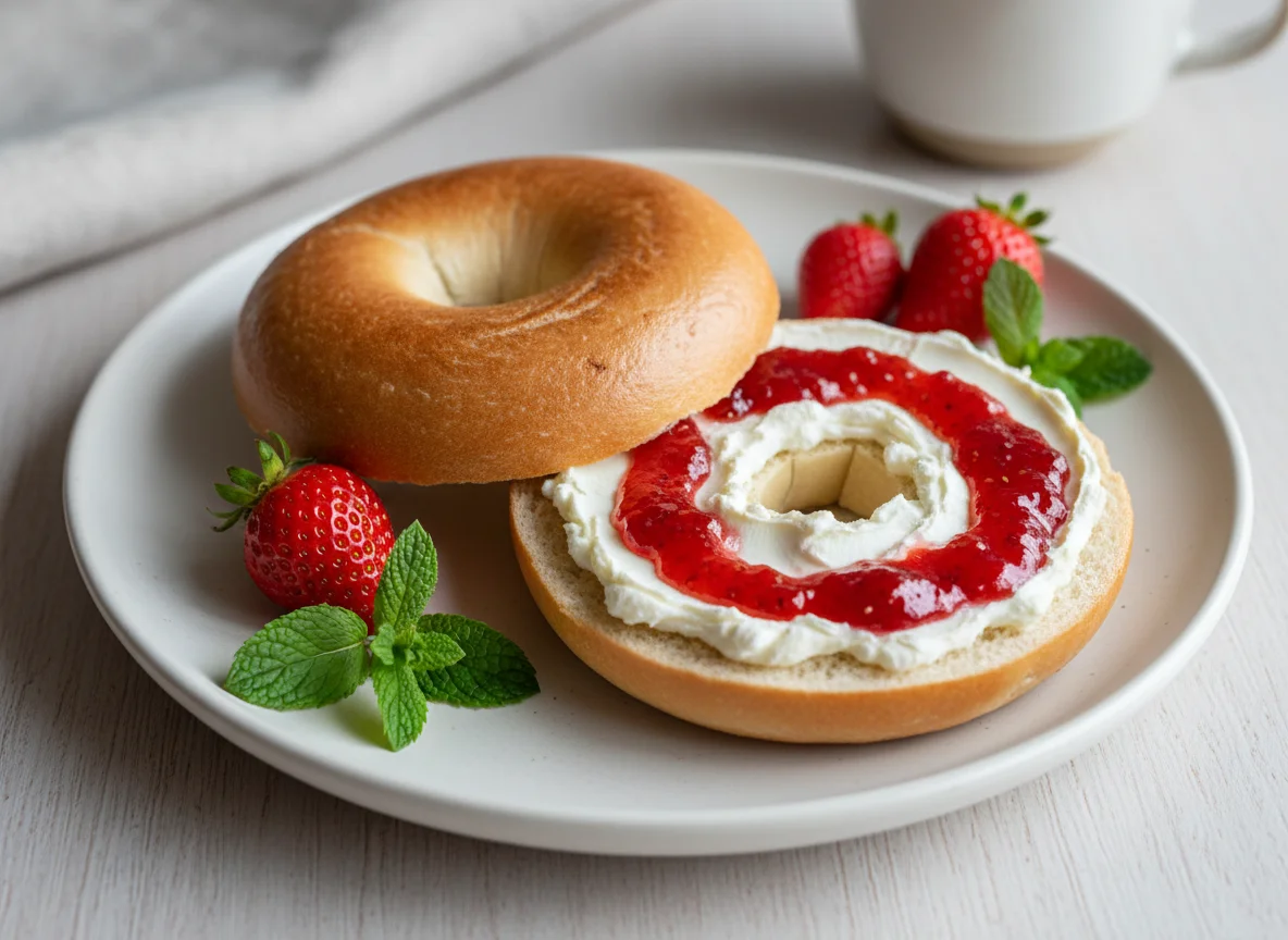 Bagel mit Frischkäse und Marmelade photo