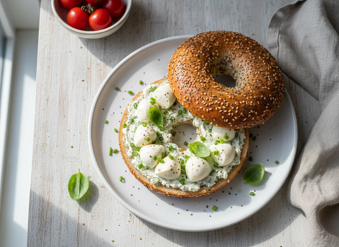 Bagel mit Frischkäse und Mozzarella-Kugeln photo