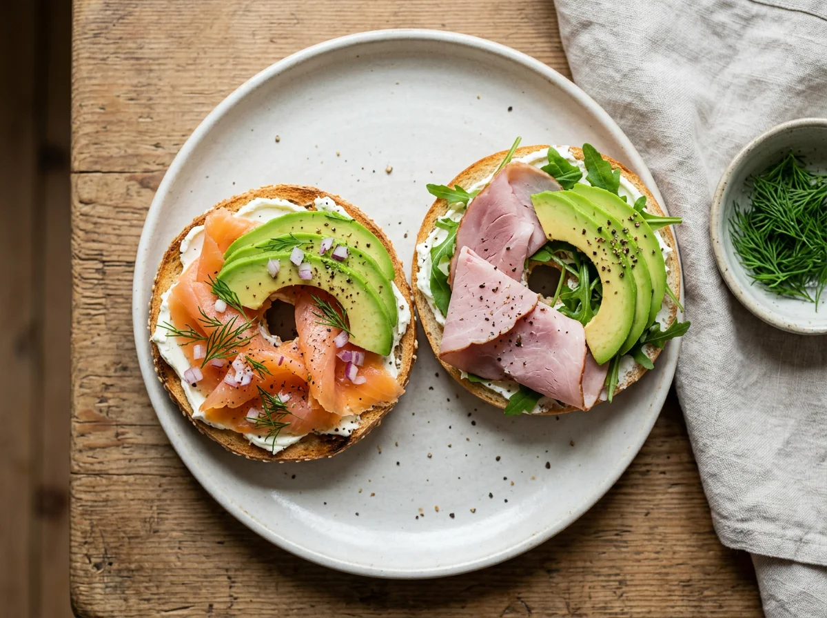 Bagel mit Lachs und Avocado, Bagel mit Schinken und Avocado photo