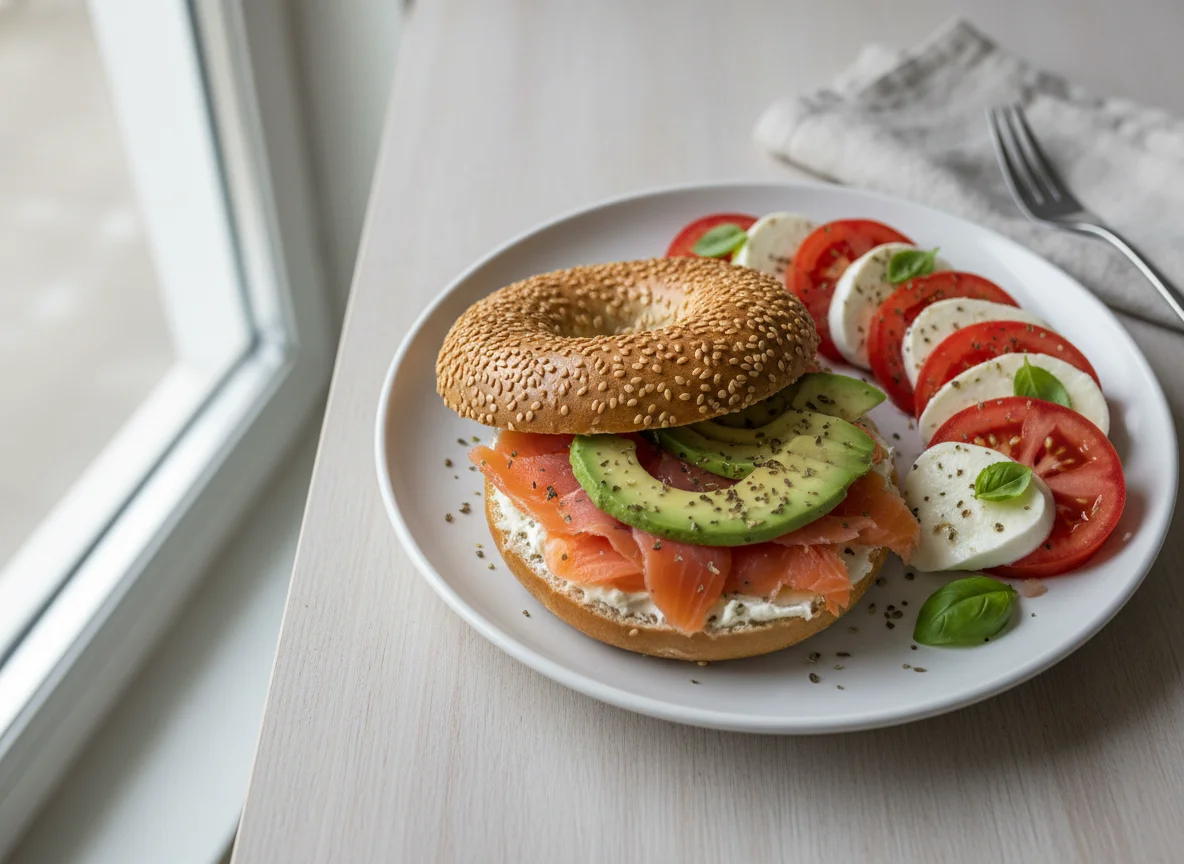 Bagel mit Lachs und Avocado, dazu Tomaten-Mozzarella-Salat photo