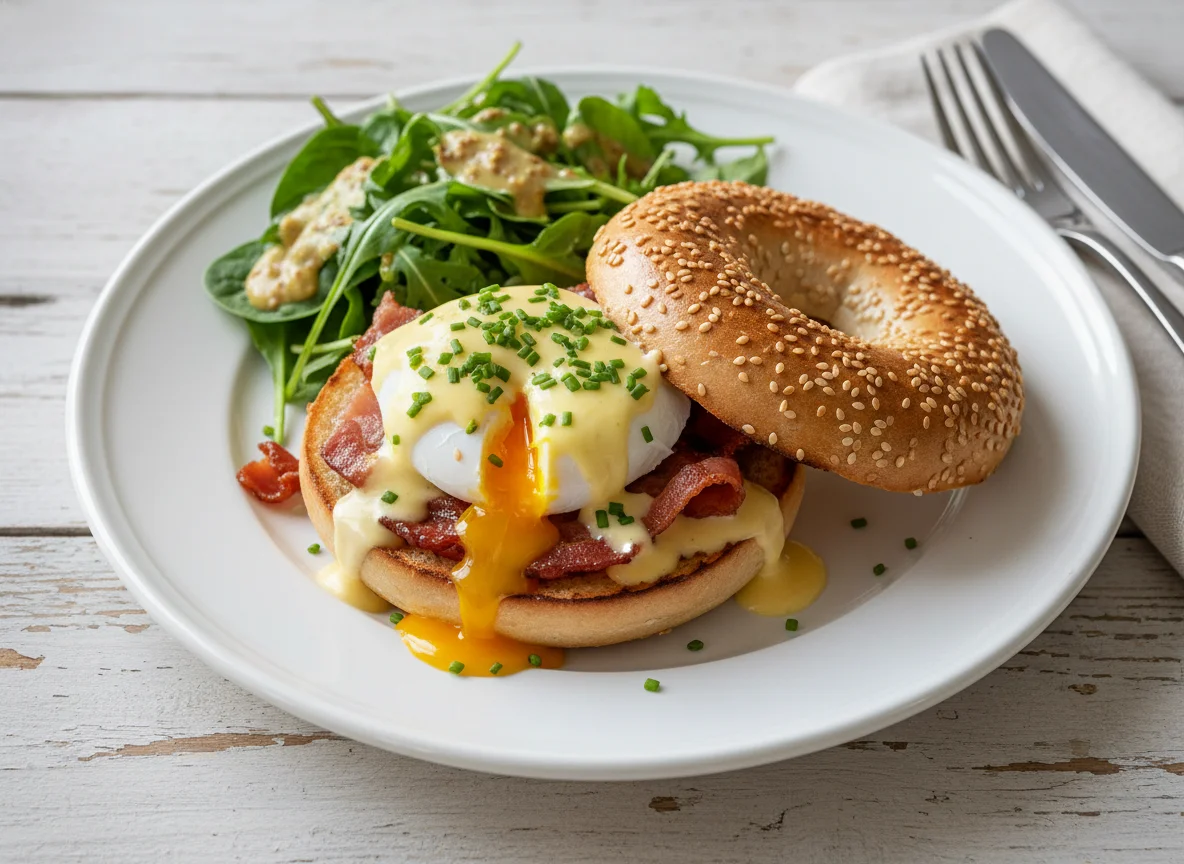 Bagel mit pochiertem Ei und Speck photo
