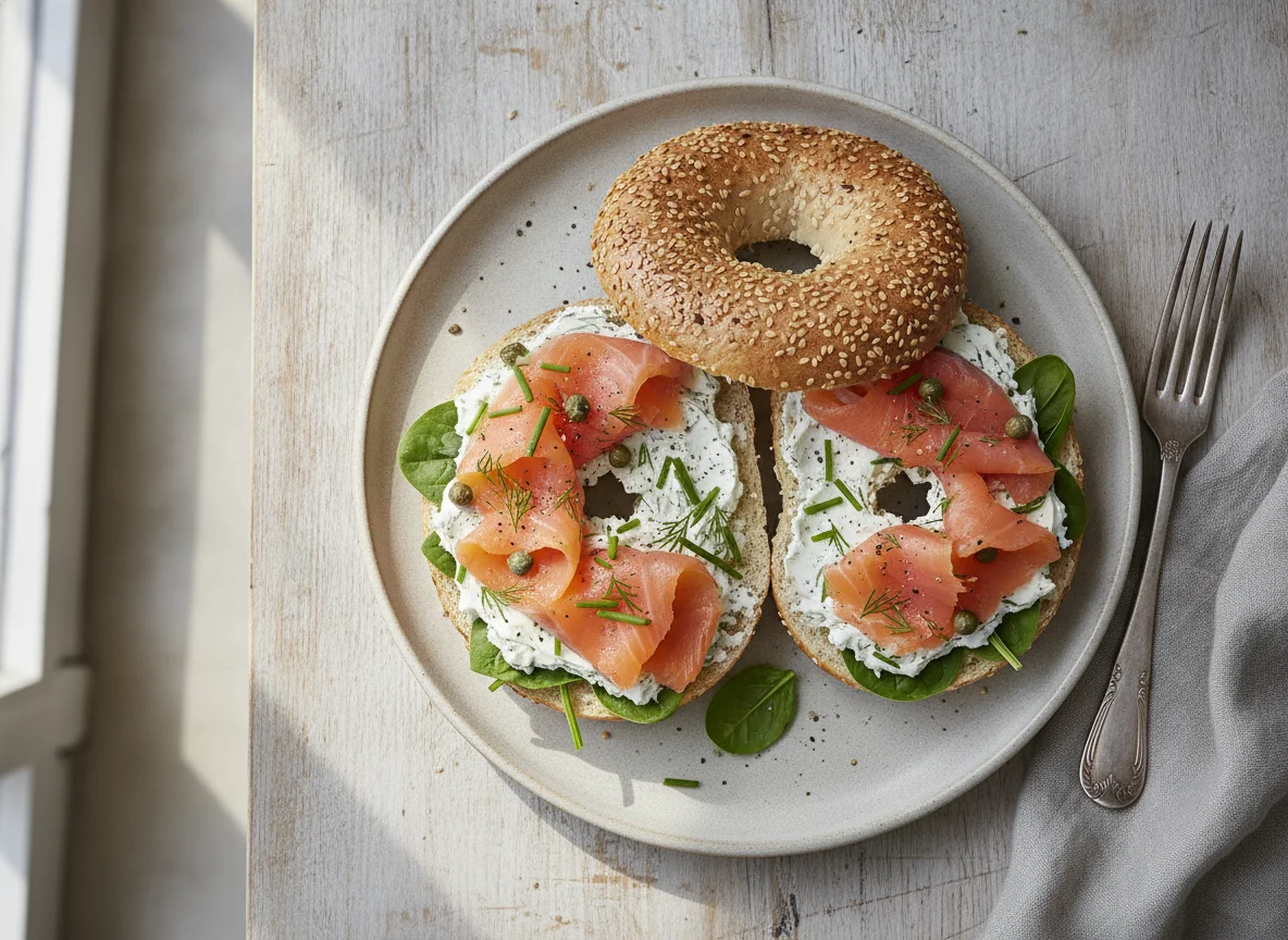 Bagel mit Räucherlachs und Frischkäse photo