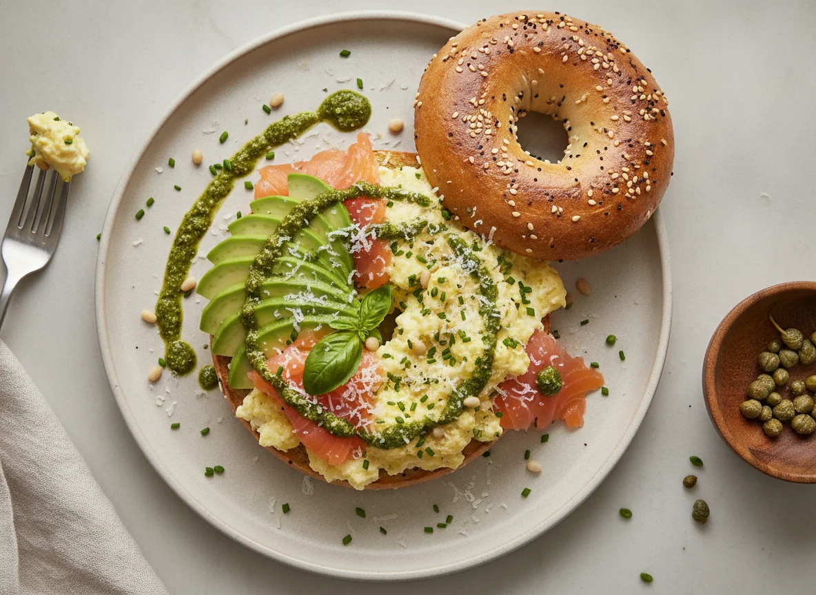 Bagel mit Rührei, Avocado, Lachs, Pesto und Käse photo